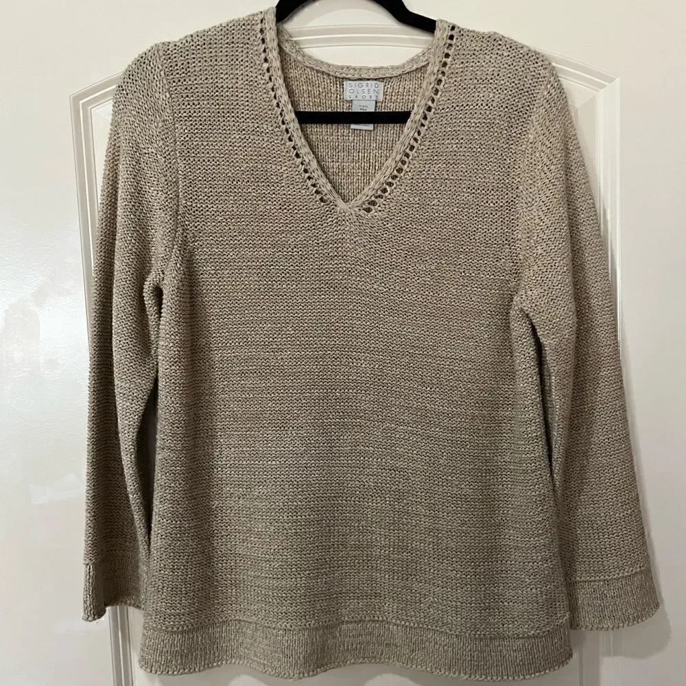 SIGRID OLSEN SPORT Long Sleeve V-neck Sweater Beige Women’s Size Petite Medium